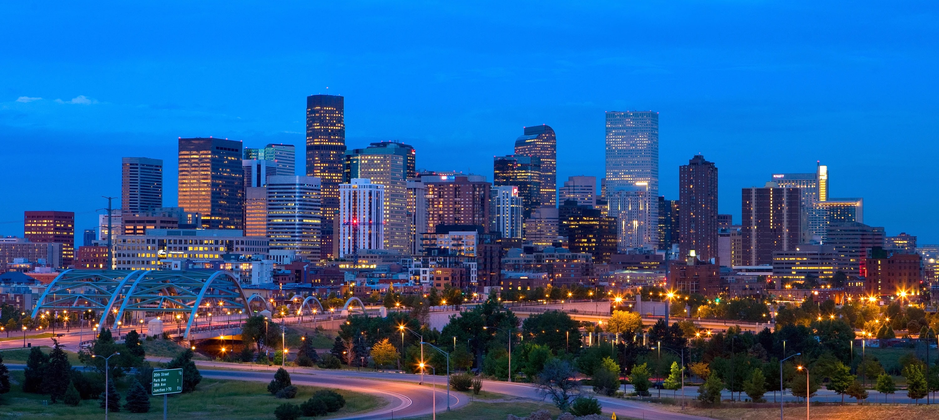 Denver skyline at dusk viewed from the South Platte River